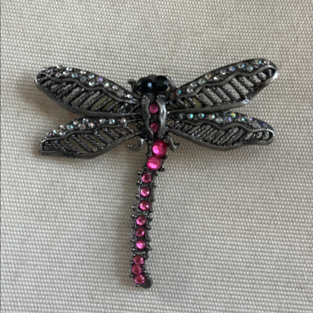 Vintage Dragonfly Brooch Pink Rhinestones Brooch Pin Retriculsting Tail 3” Wide